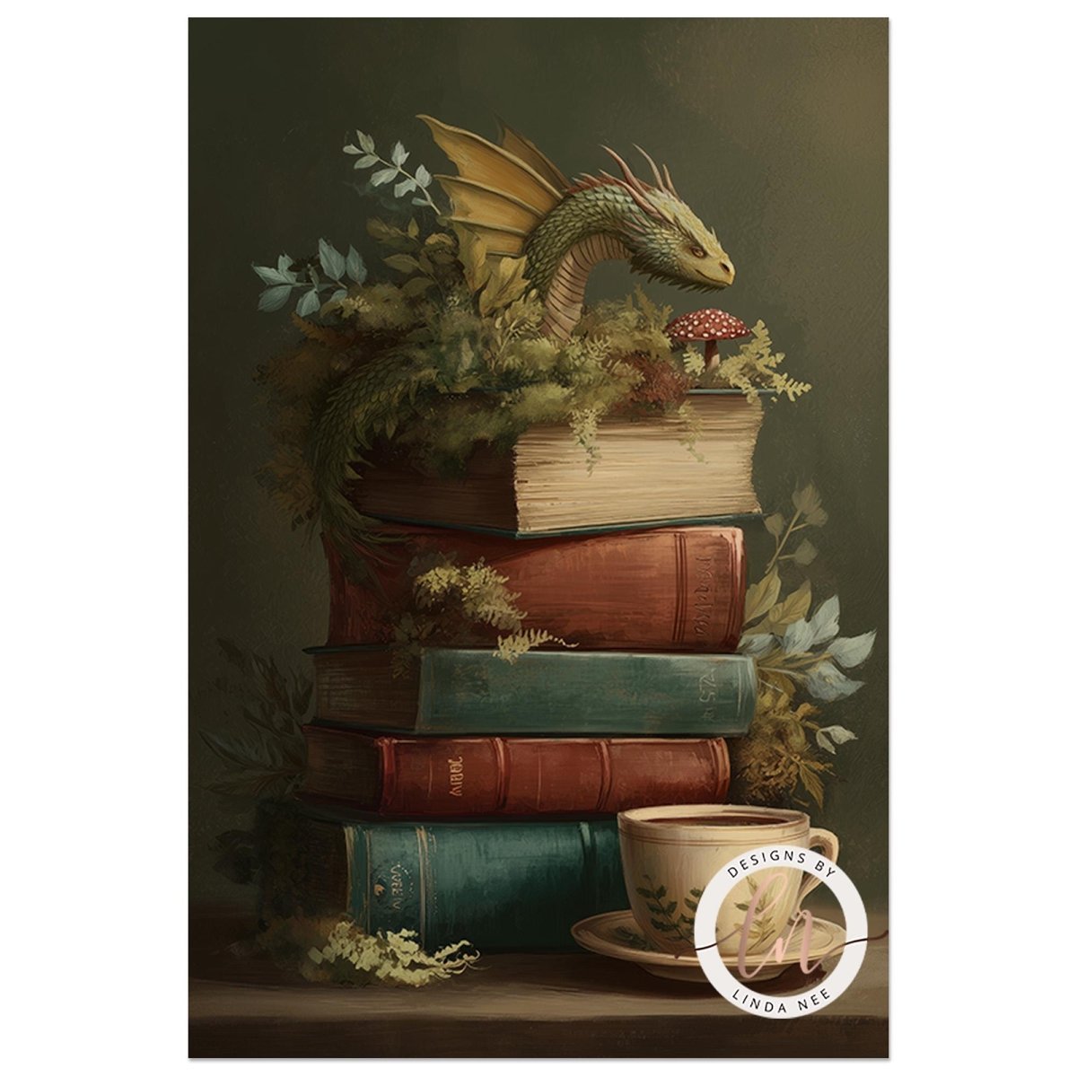 A stack of colorful books with a dragon perched on top, surrounded by greenery and flowers, with a cup of tea nearby.