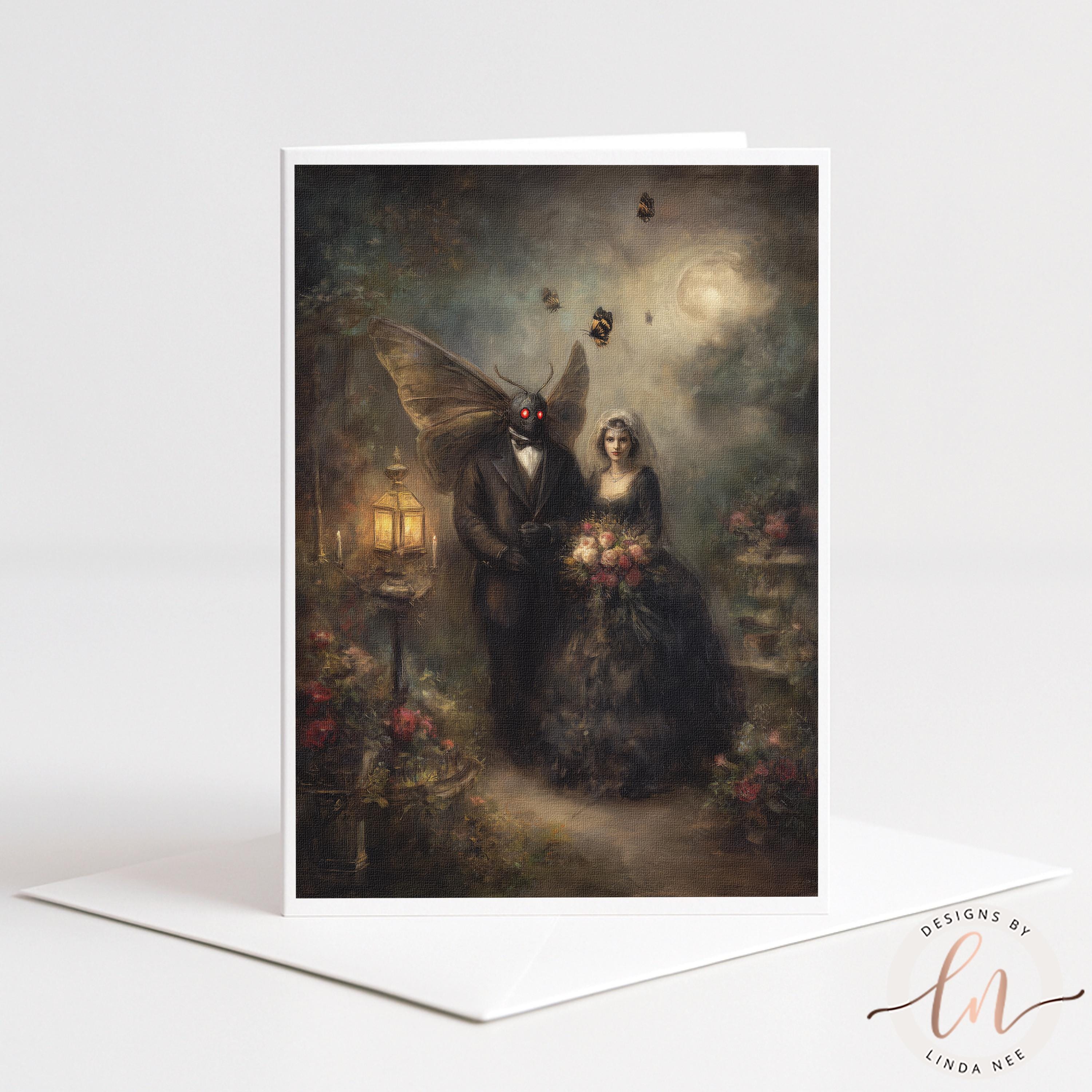 The image is a painting depicting a bride and Mothman standing together in a garden, with a large winged creature, possibly a fairy or dragon, standing behind them.
