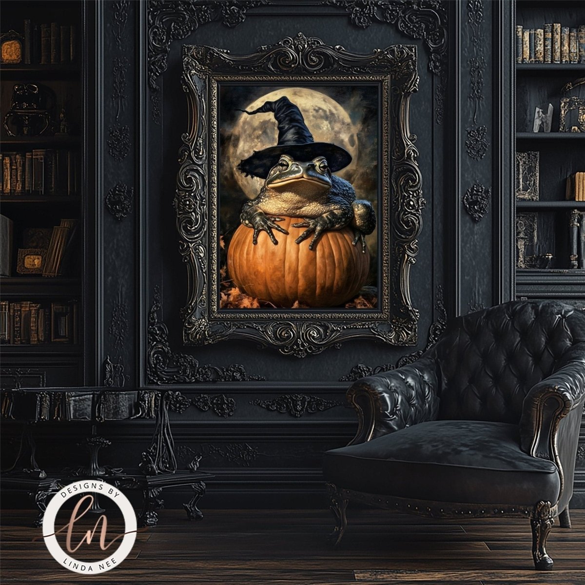 Witch hat toad print displayed in a dark room with a bookshelf and chair