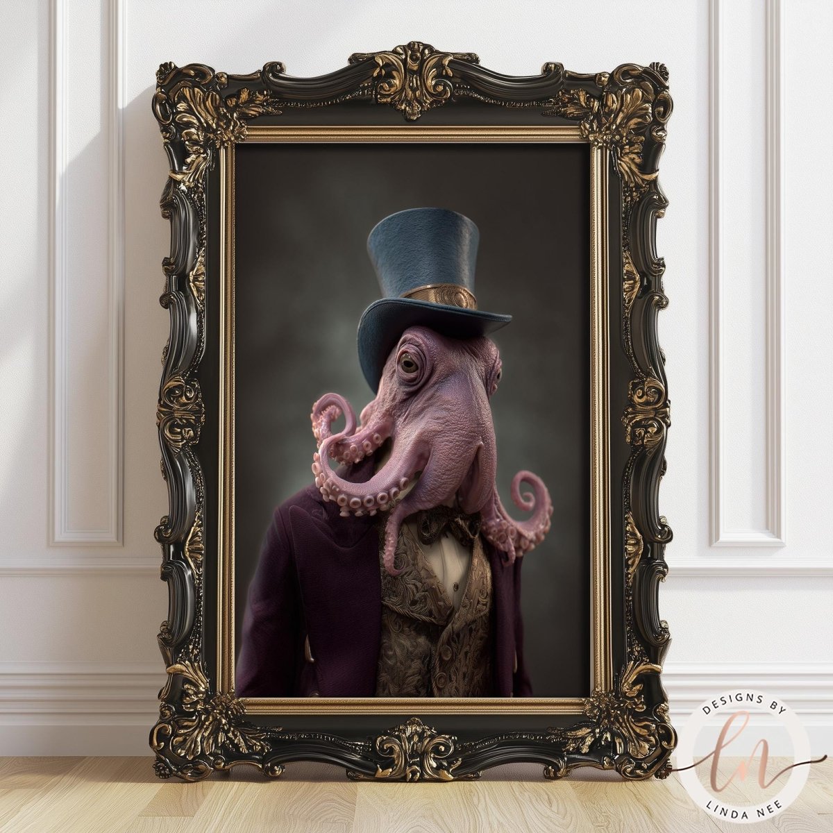 an octopus wearing a top hat and a purple suit, standing in an ornate gold frame.