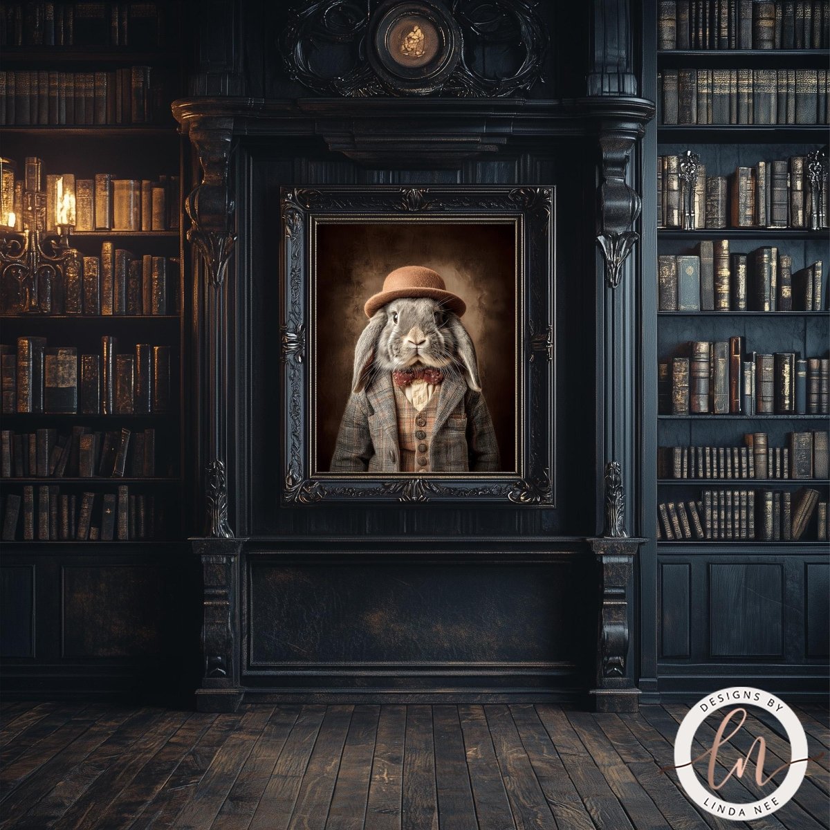 A framed portrait of a rabbit wearing a hat and coat, set against a dark, ornate fireplace with bookshelves on either side.