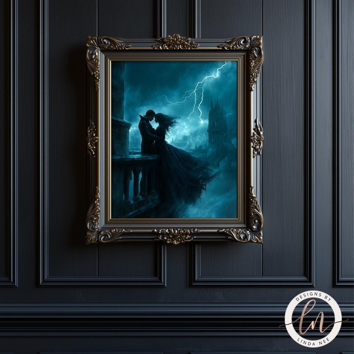 Vampire couple in a storm print shown with dramatic lightning