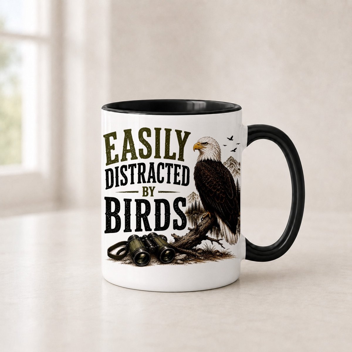 Easily Distracted by Birds bald eagle mug in the 11 oz black handle version with a black interior