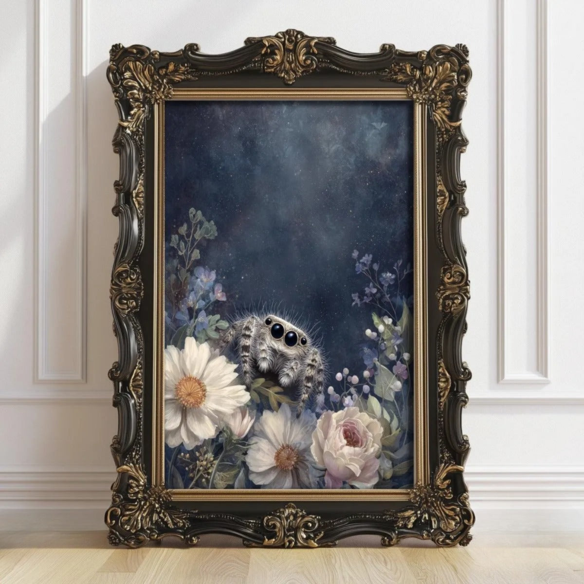 a large, ornate, gilded frame containing a painting of a spider sitting amidst a floral arrangement.