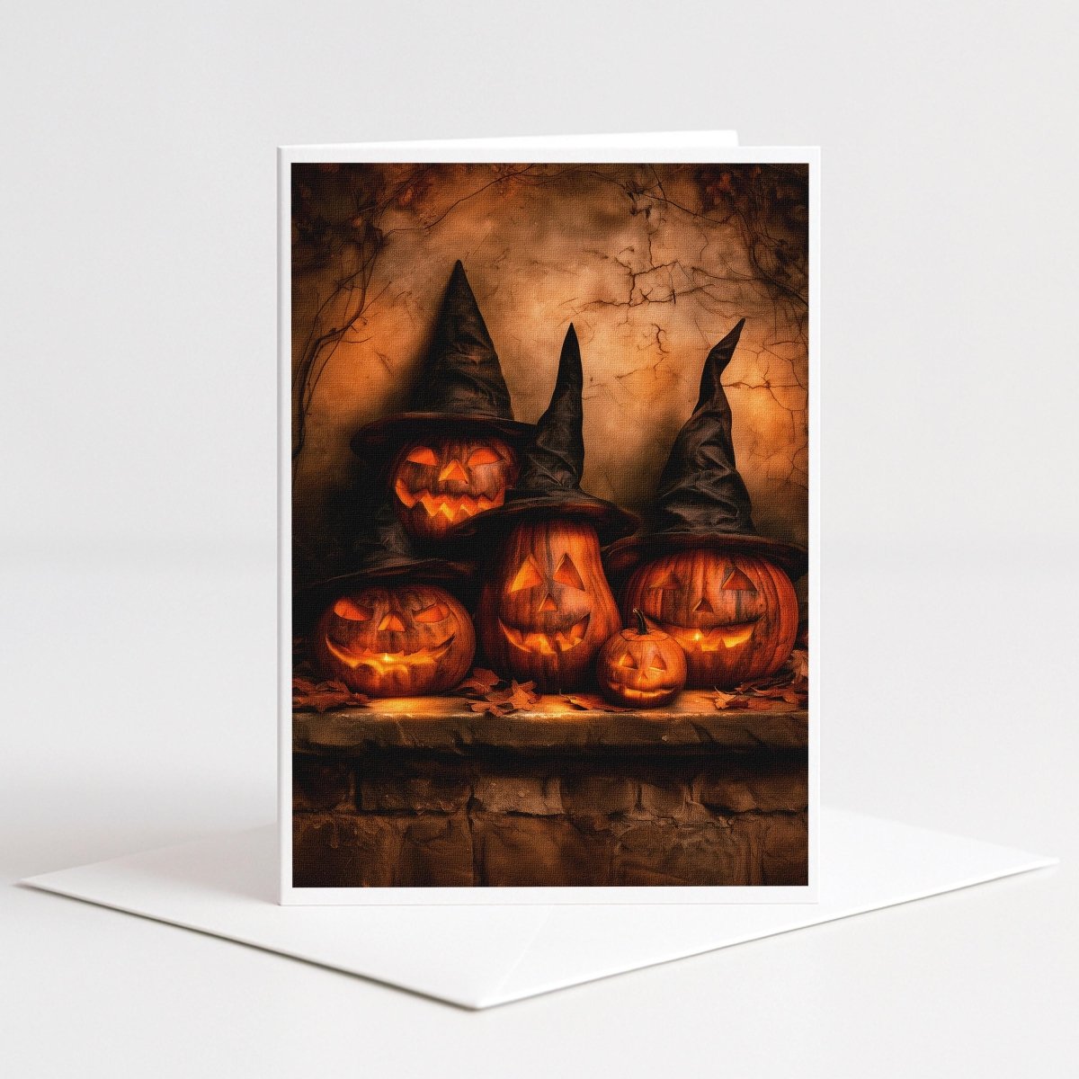 Three jack-o'-lanterns in black witch hats on a brick ledge, Halloween note card art