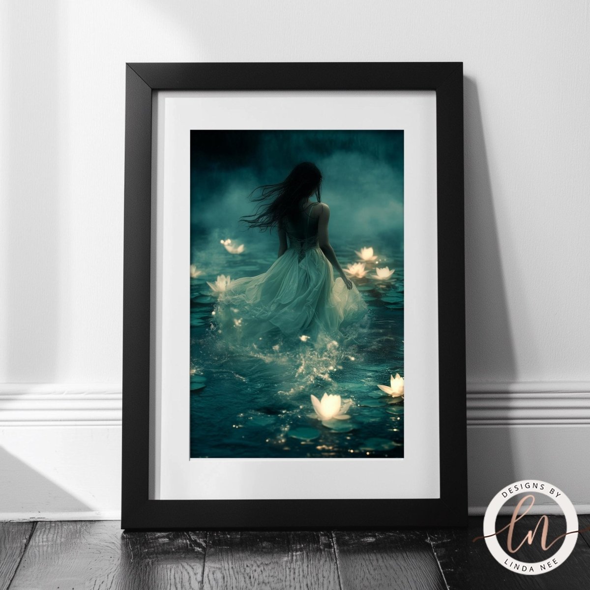 Woman among floating white lotus flowers in serene water