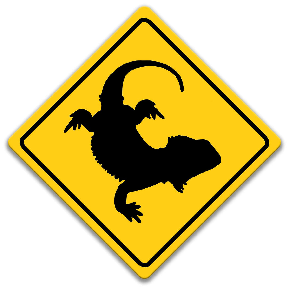 A yellow diamond-shaped road sign with a black silhouette of a lizard or salamander.