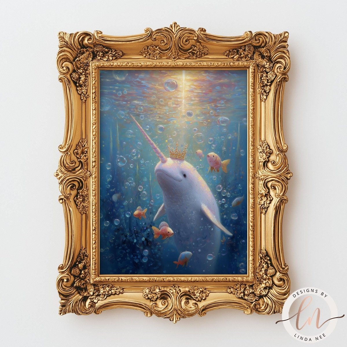 The image is a painting of a white narwhal with a crown, surrounded by bubbles and fish in a blue underwater scene.