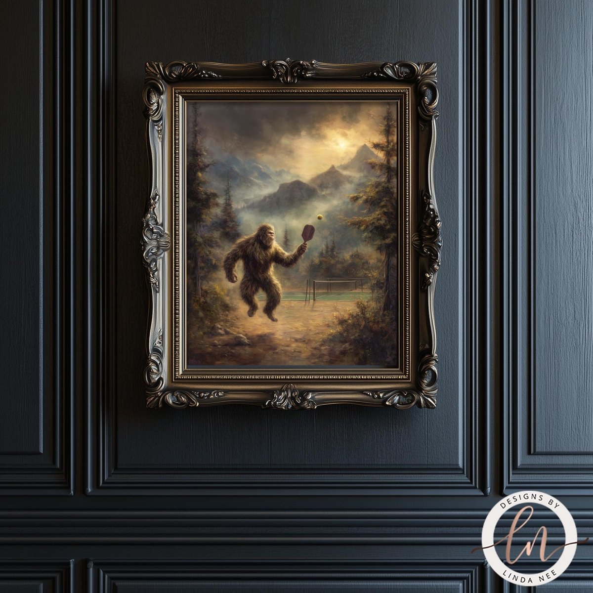 a painting of a giant humanoid figure holding a paddle, set against a landscape with mountains and trees.