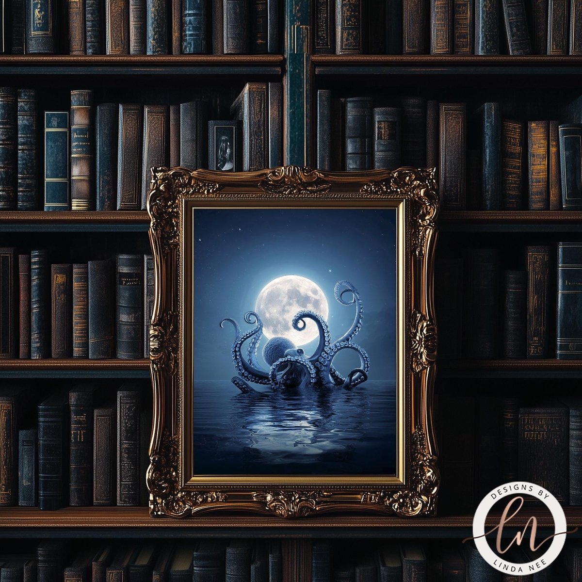 an ornate gold frame containing a painting of a large octopus with tentacles reaching towards a full moon in a dark, mysterious setting.