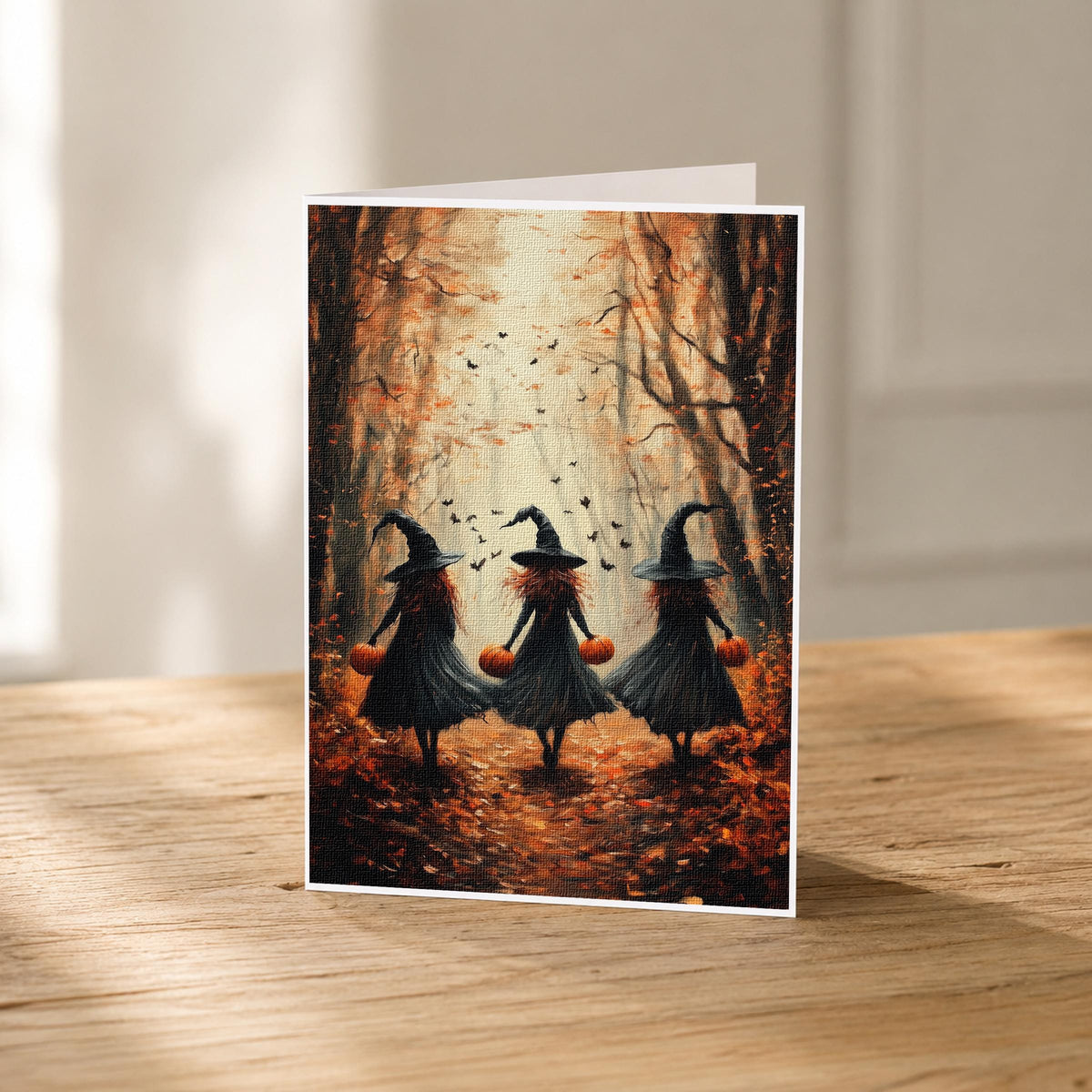 5x7 three witches with pumpkins blank note card on linen stock