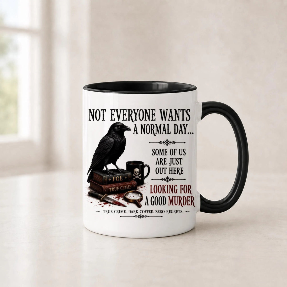 Looking for a Good Murder raven mug in the 11 oz black handle version with a black interior