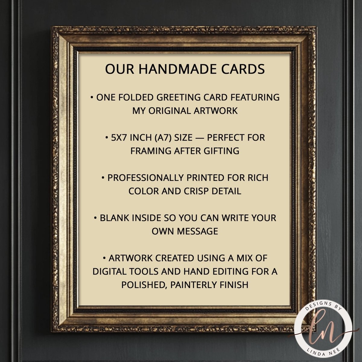 Framed description of handmade cards with gold frame and black text on a dark background