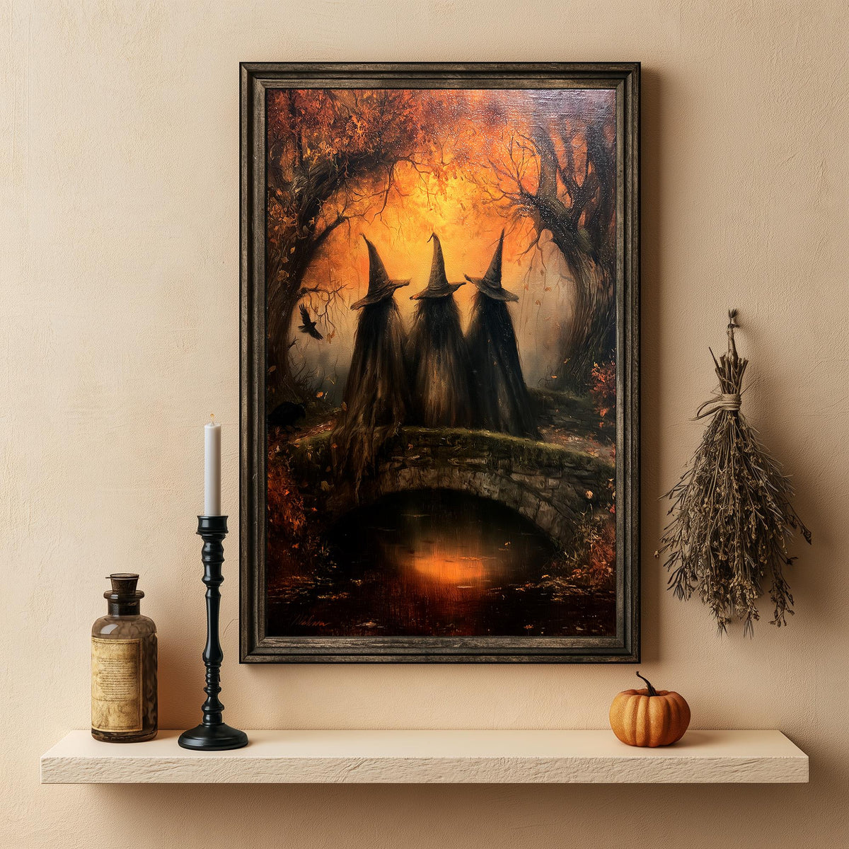 Full artwork view of the bridge, the amber treeline, and the three cloaked figures