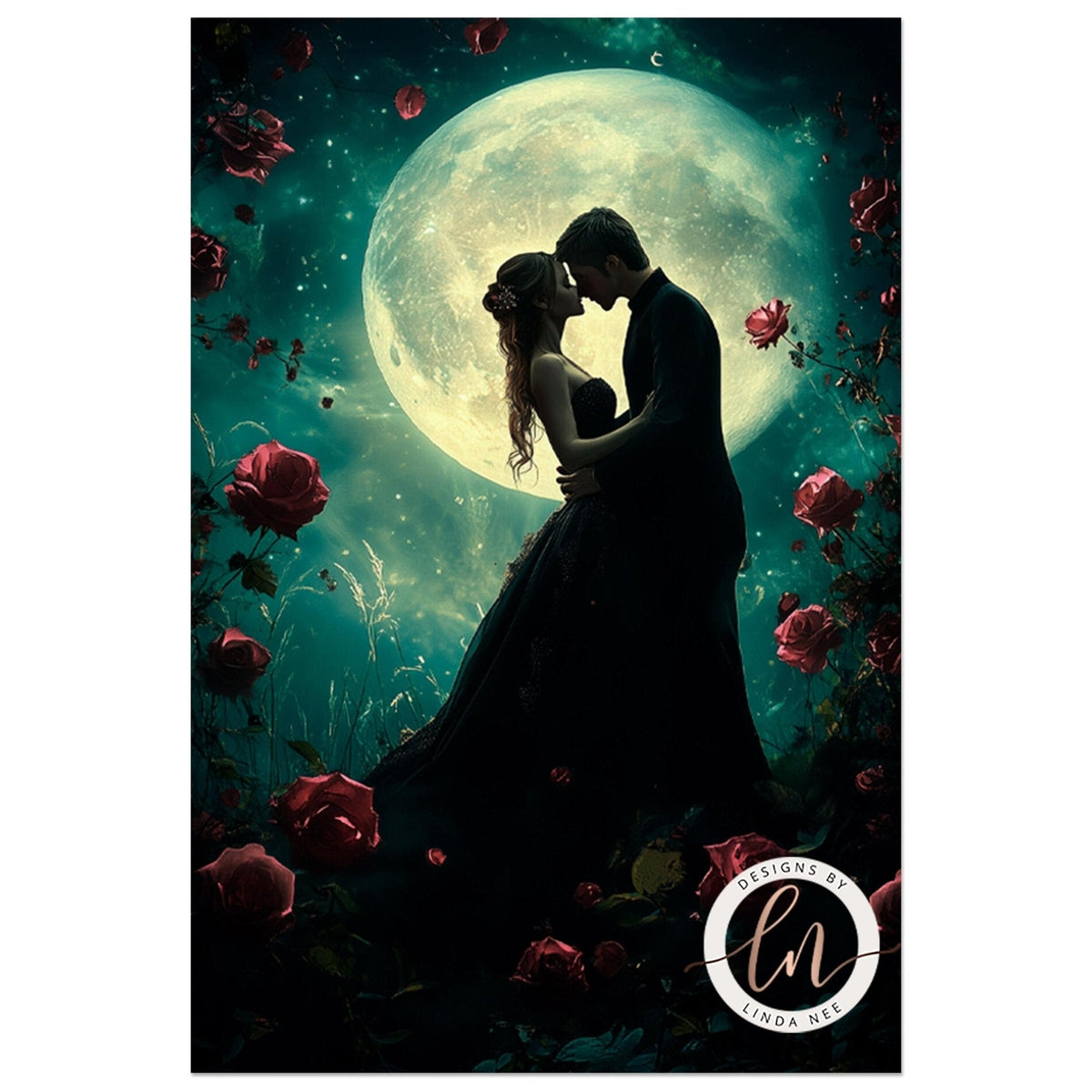 A couple embracing under a large full moon, surrounded by red roses.