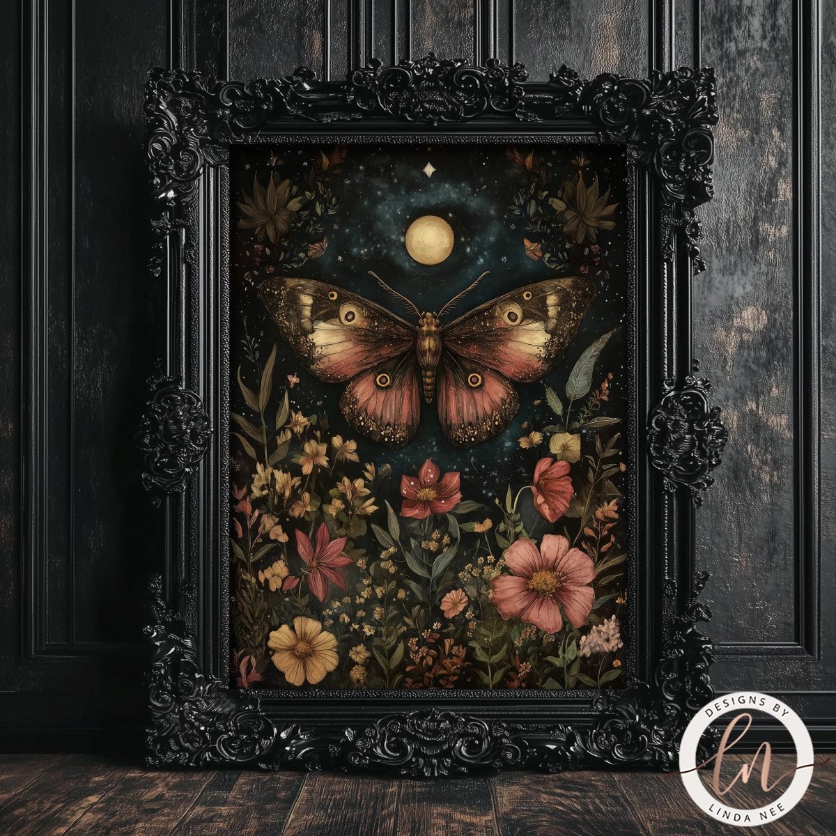 An ornate black baroque-style framed art print featuring a large butterfly over a dark floral night scene with a moon, displayed against dark wood paneling.