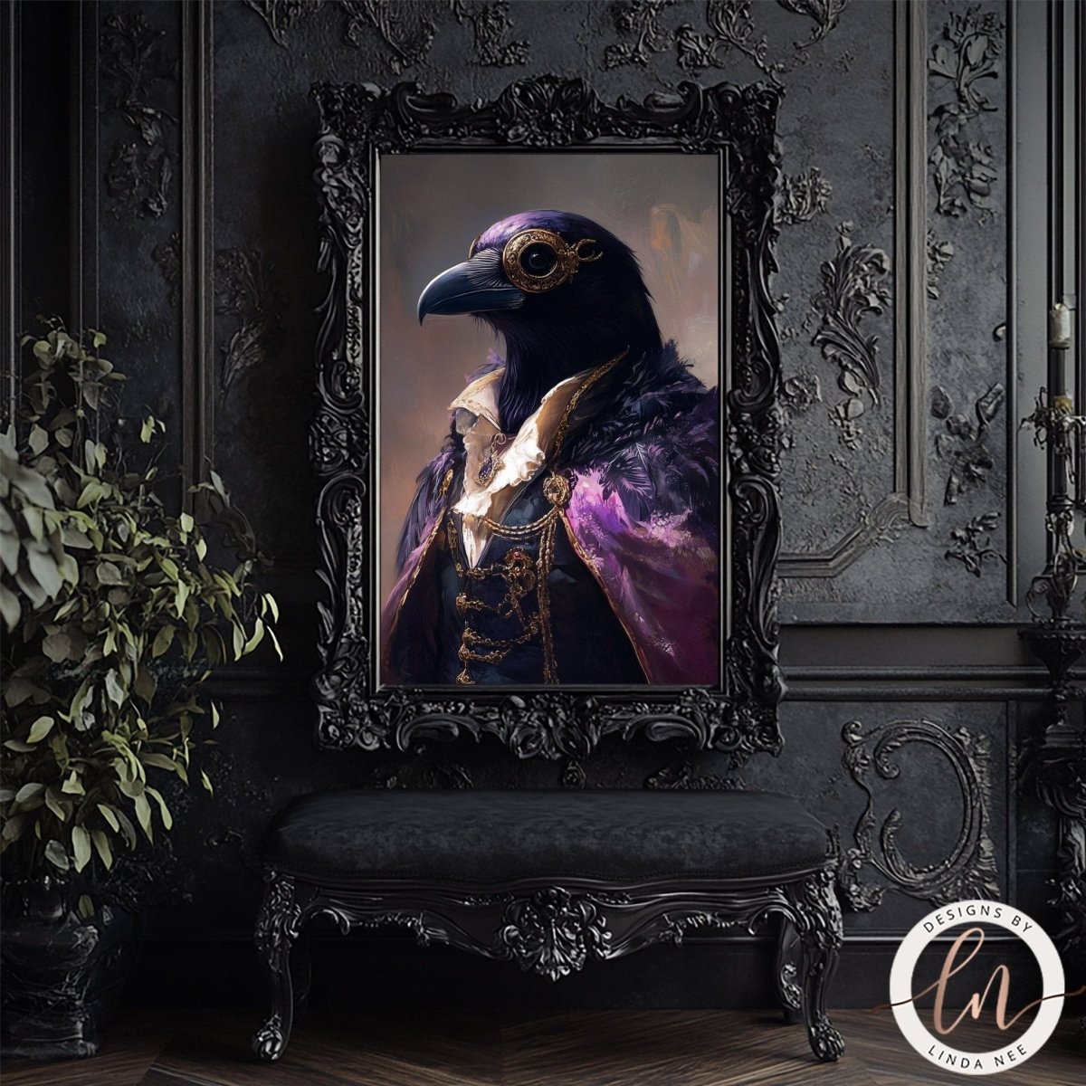 a large, ornate black frame with a painting of a bird, possibly a crow, inside it. The frame is placed on a black bench, which is situated in a room with dark, gothic-style decor. There are also some plants visible in the room, adding a touch of greenery to the otherwise dark setting.