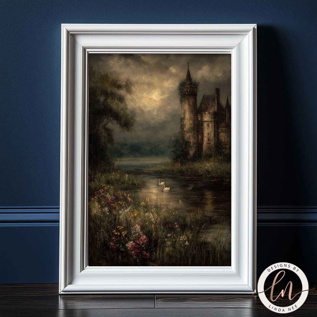 The image is a framed painting depicting a castle surrounded by a moat and lush greenery, with a cloudy sky overhead.