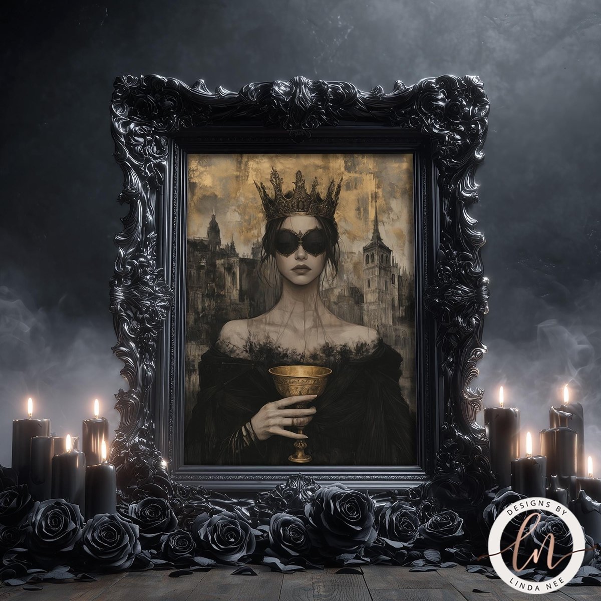a woman wearing a crown and holding a golden chalice, surrounded by candles and a dark, moody background.