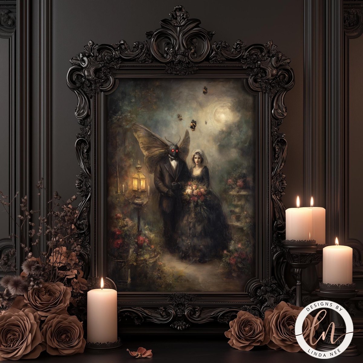 a painting of a couple in a romantic setting, surrounded by candles and flowers.