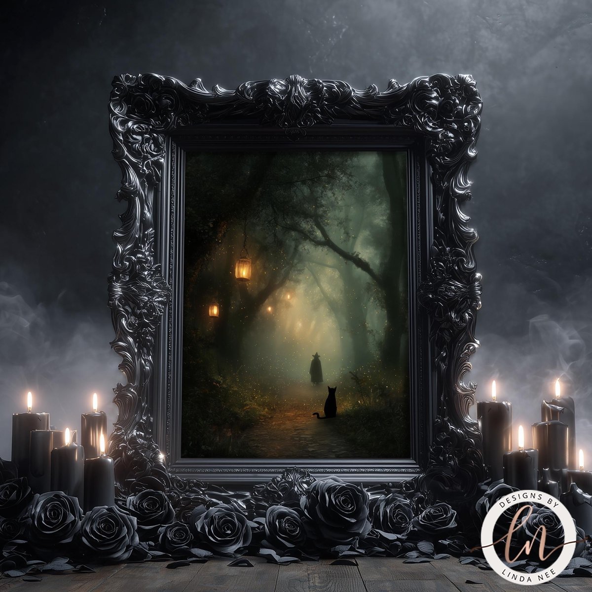 a dark, mysterious forest scene with a silhouetted figure of a person walking through the misty, ethereal landscape. The scene is framed by an ornate, gilded frame, and the image is surrounded by candles and rose petals, creating an atmosphere of mystery and intrigue.
