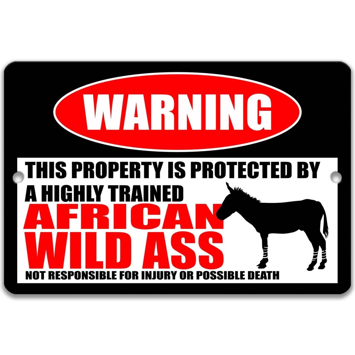 African wild ass warning metal sign, glossy black, red WARNING oval and striped-leg wild ass silhouette