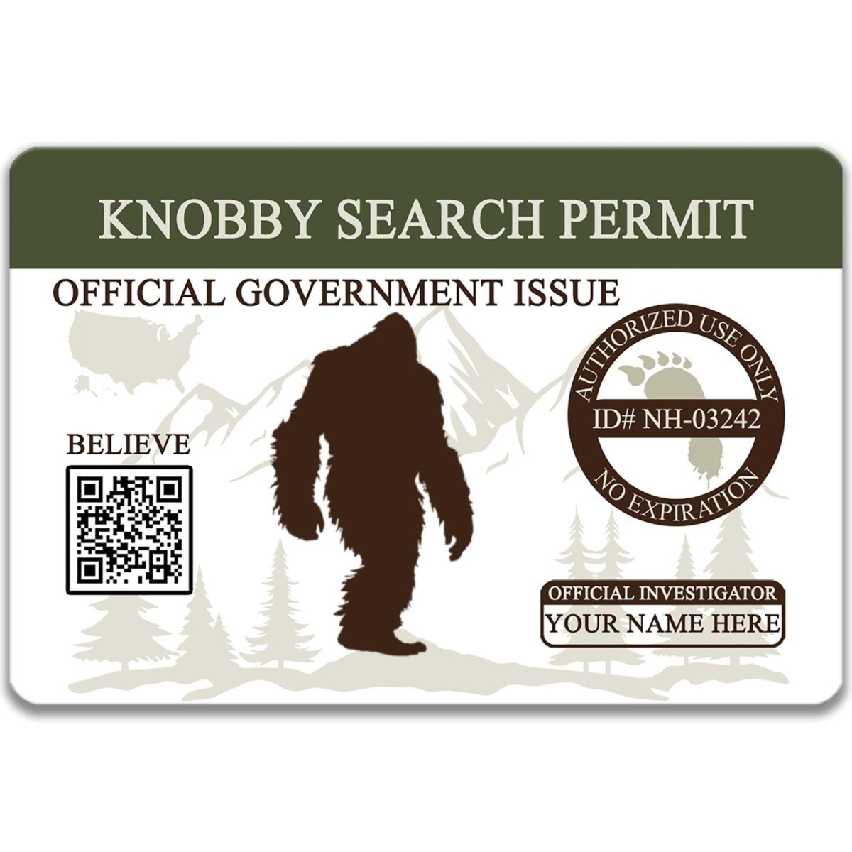The image is a search permit for Knobby Search, featuring a silhouette of a giant brown creature, likely a Sasquatch, and various identification and verification elements.