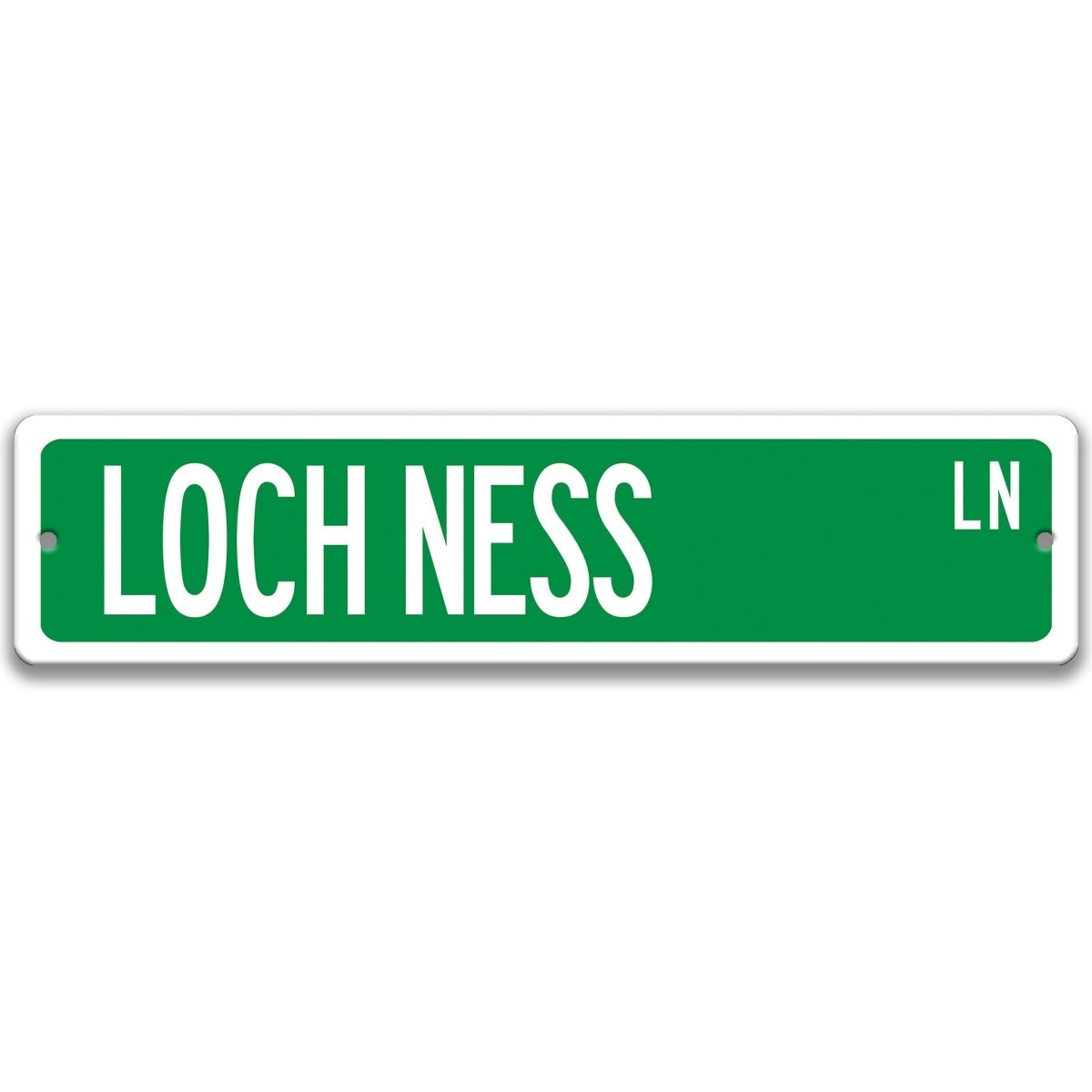 Loch Ness metal street sign with a green background reading LOCH NESS LN
