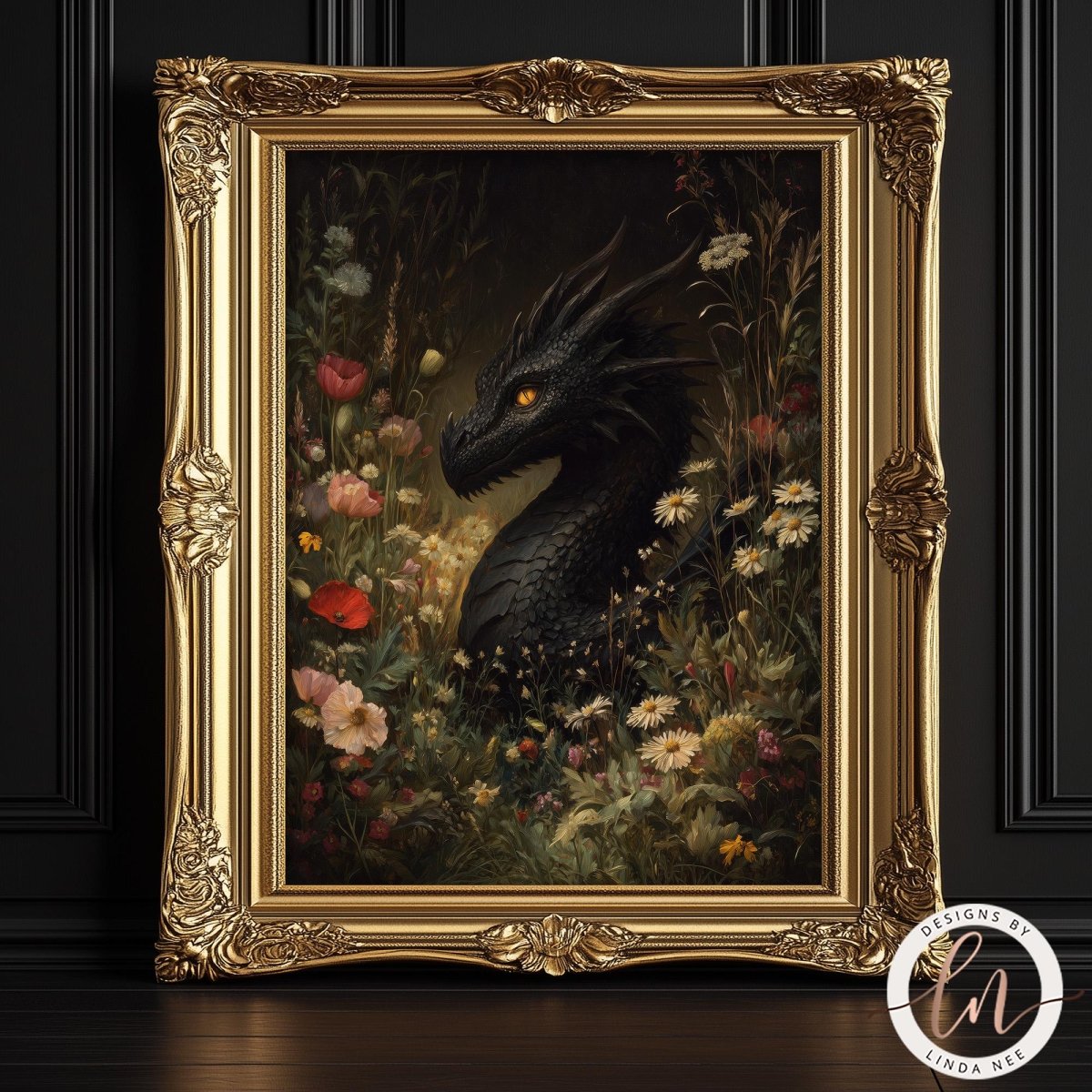 a large, ornate gold frame containing a painting of a black dragon surrounded by a lush, colorful garden filled with flowers and foliage.