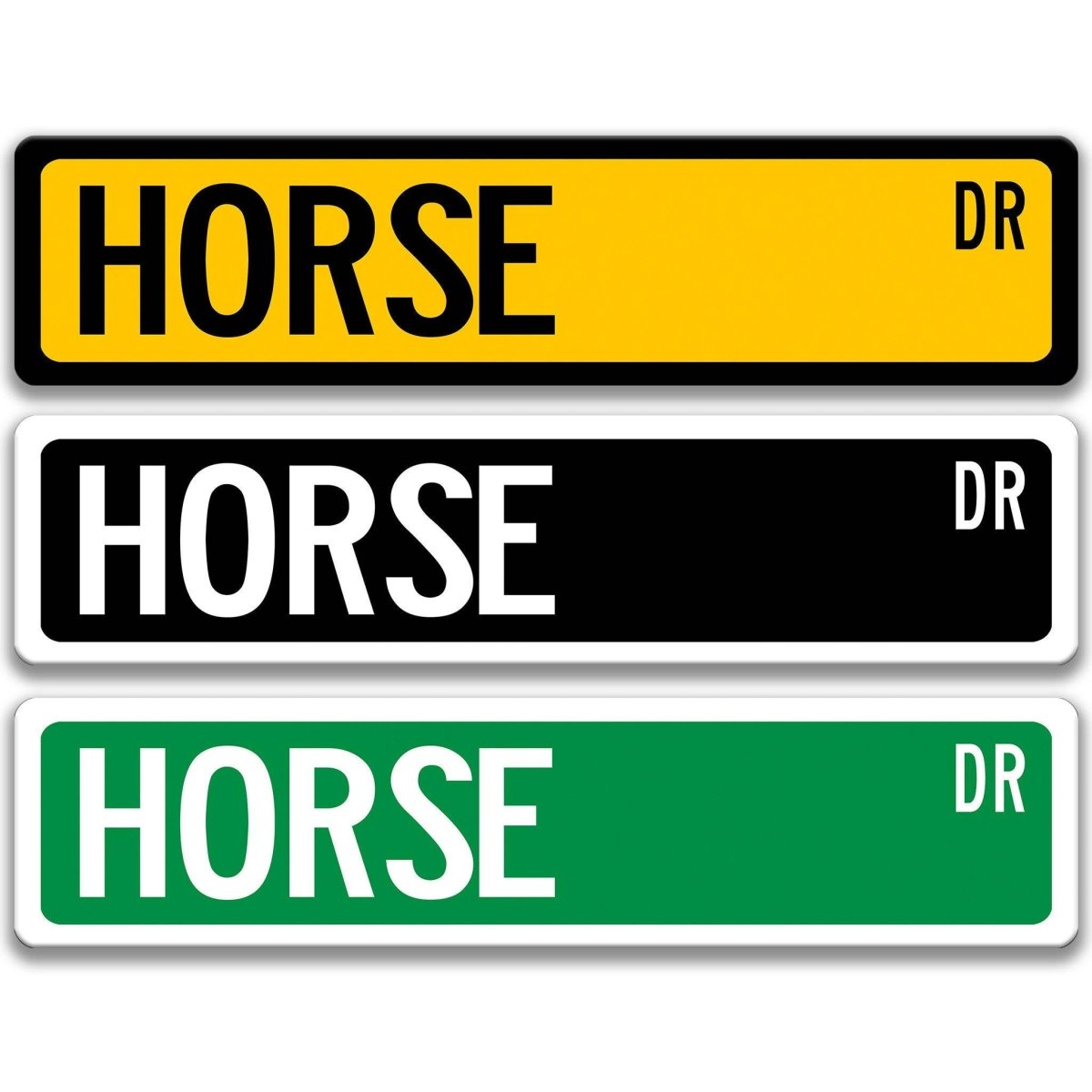 Horse metal street sign with black horse silhouette, customizable background color, heavy gauge aluminum