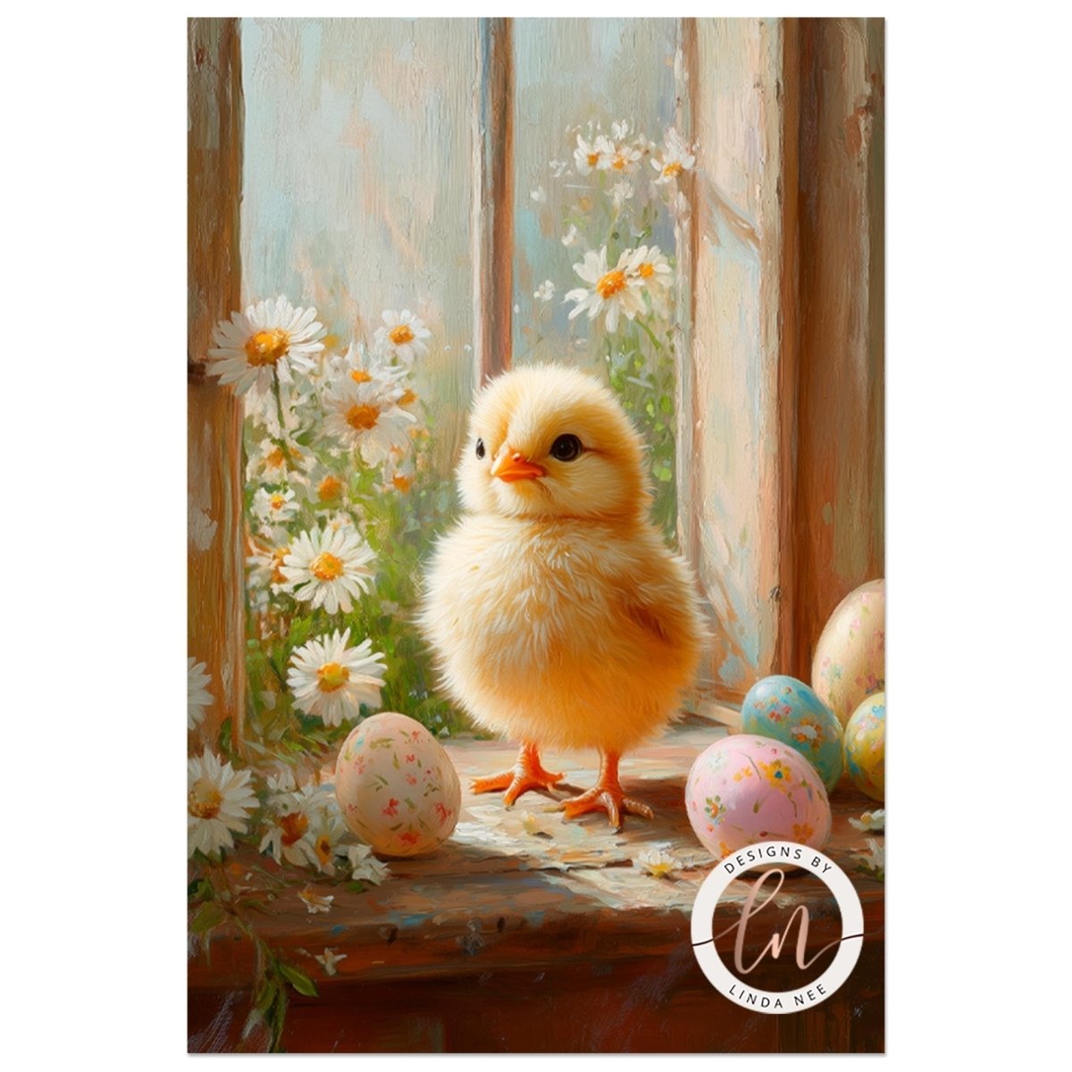 Yellow chick beside decorated eggs and blooming daisies