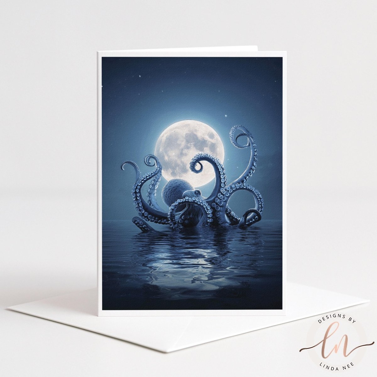 A large, full moon shines brightly over a deep blue body of water, illuminating a large, tentacled octopus in the foreground.