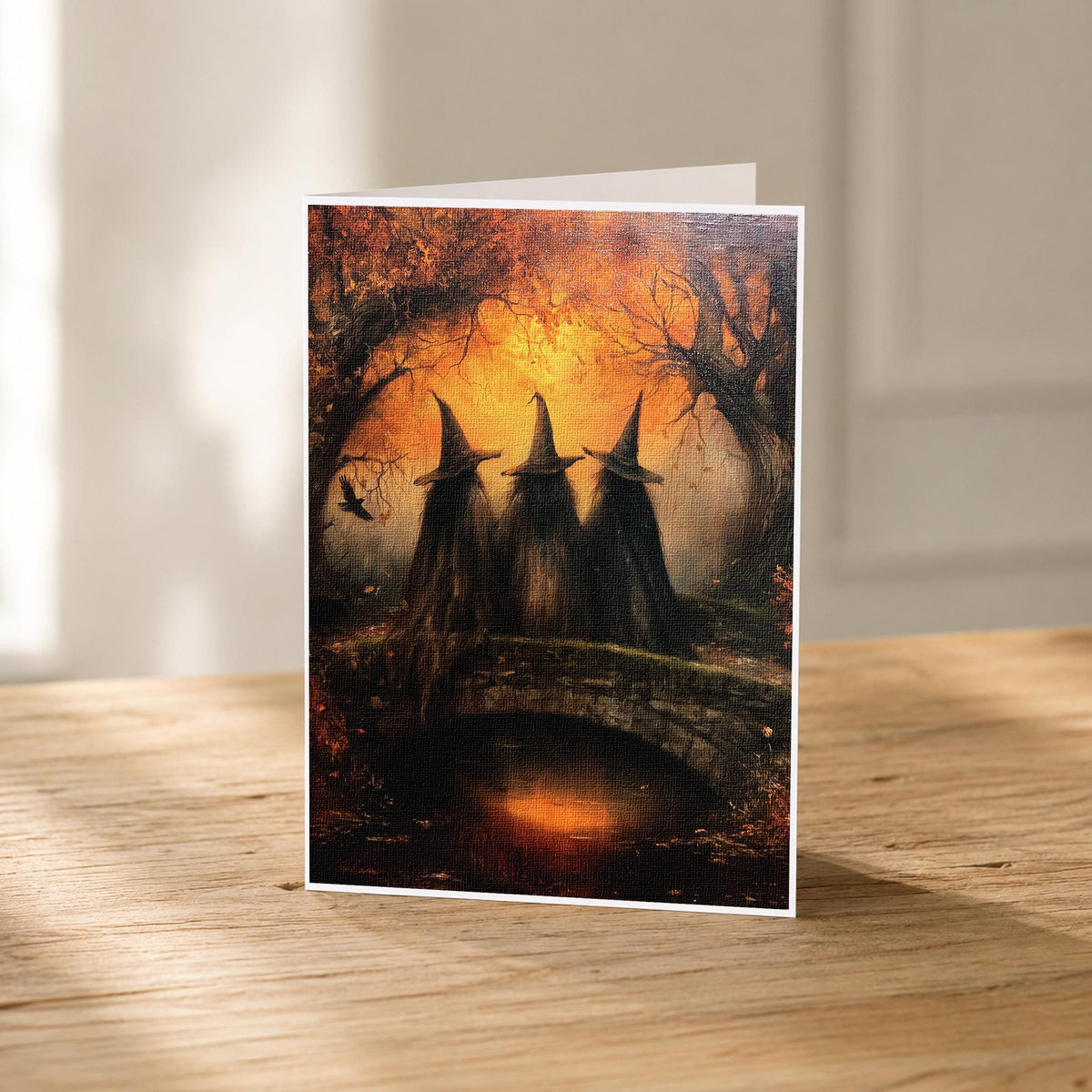 5x7 three witches bridge blank note card standing upright on linen stock