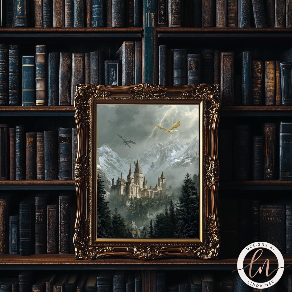 a large, ornate gold frame containing a painting of a castle surrounded by a misty, mountainous landscape. The frame is placed in front of a bookshelf filled with books, creating a cozy and intellectual atmosphere.
