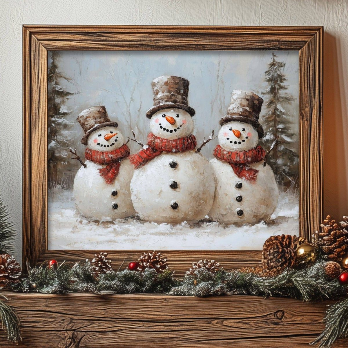Three snowmen in top hats and scarves in a snowy field, print shown framed