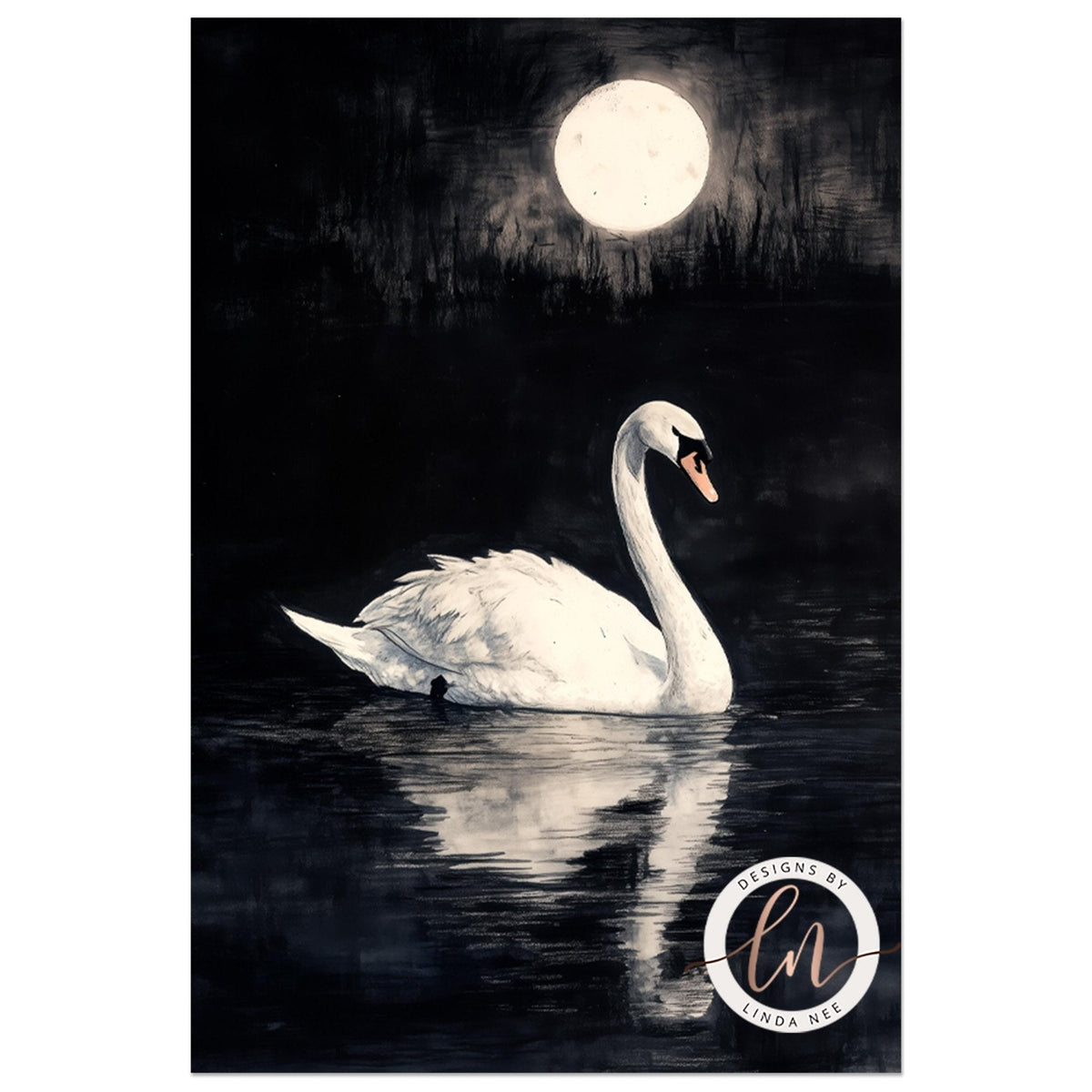 A white swan gracefully floating on a dark body of water, with a full moon illuminating the scene.