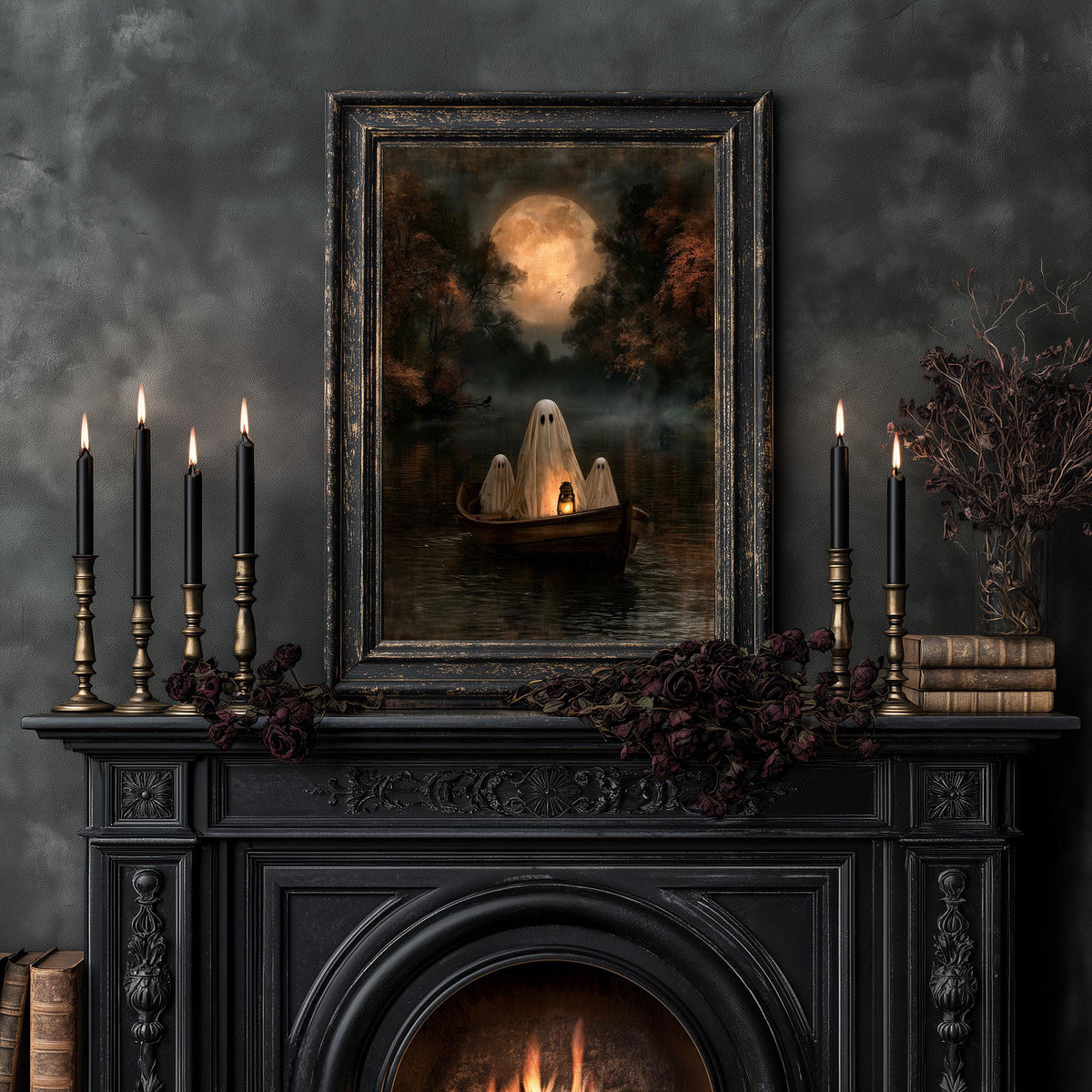 Ghost painting shown framed on an ornate mantel with candles and dark flowers