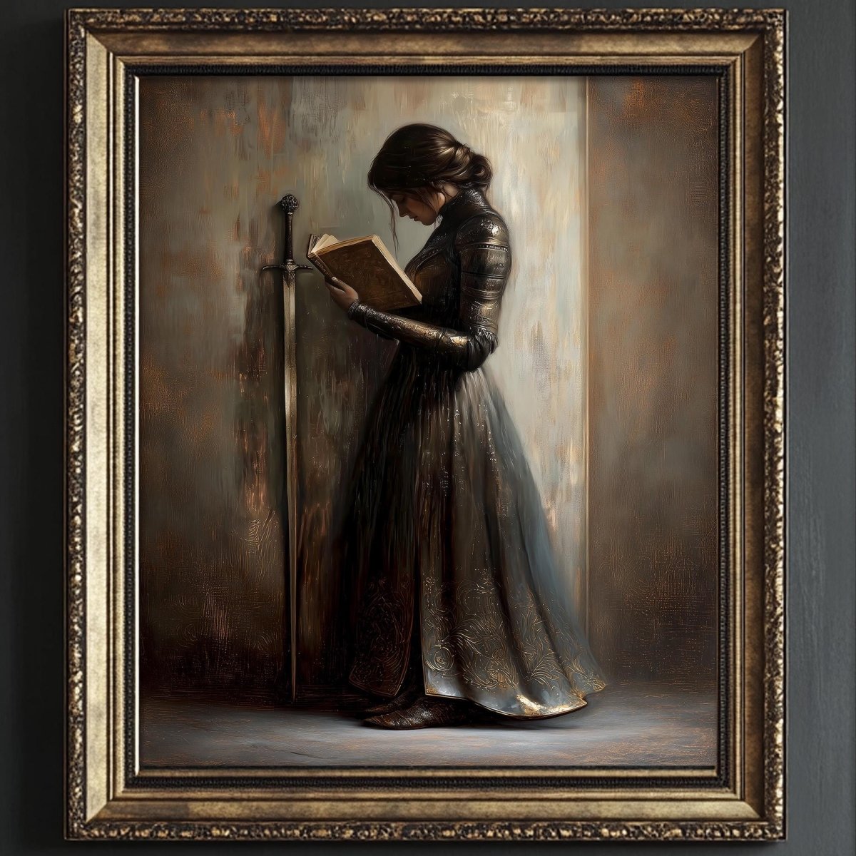 A woman in a long, ornate dress stands in a dimly lit room, engrossed in reading a book.