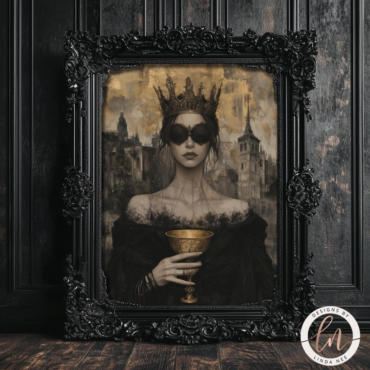 a woman wearing a crown and holding a golden chalice, set against a dark, ornate background.