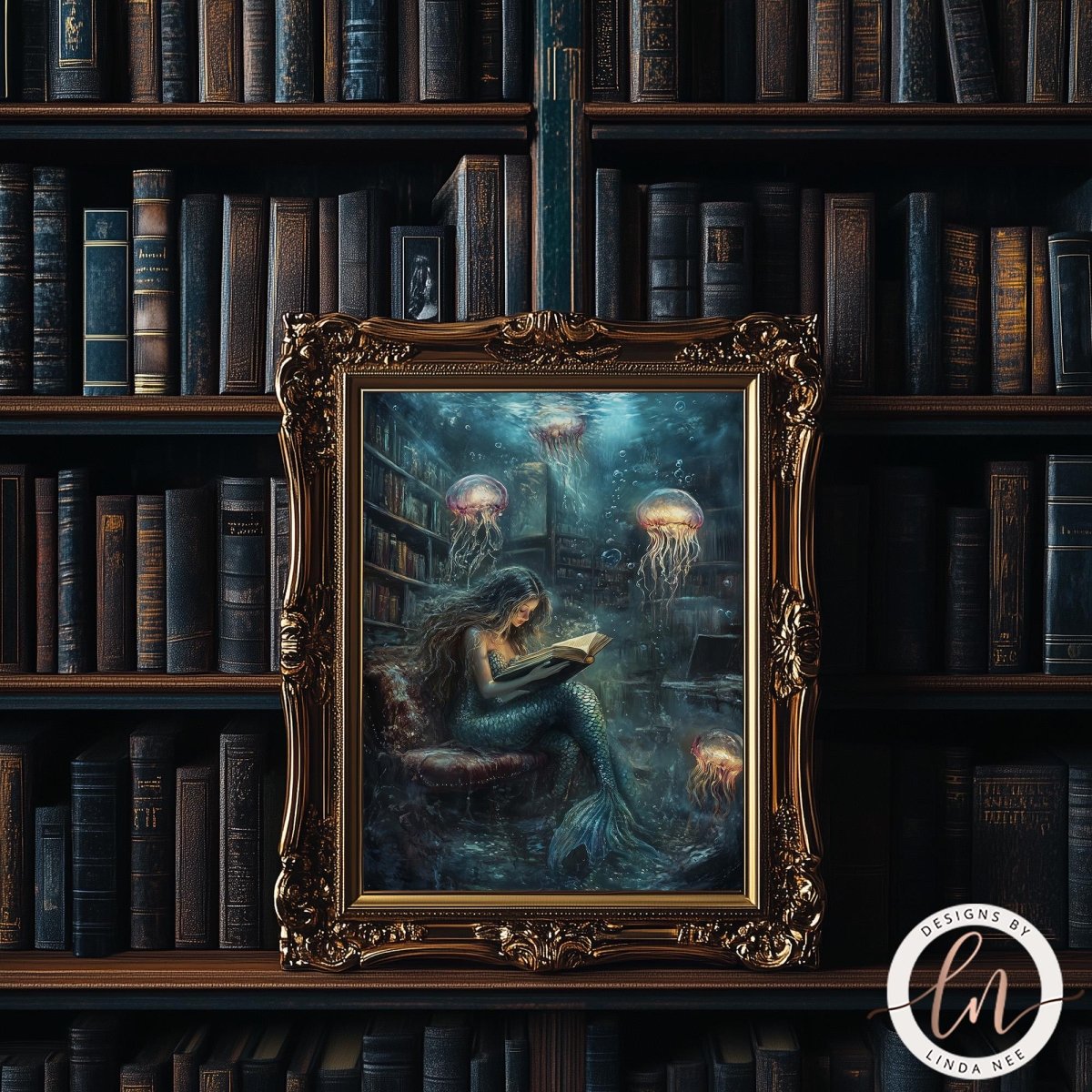 a mermaid sitting in a chair and reading a book, surrounded by jellyfish and bookshelves filled with books.