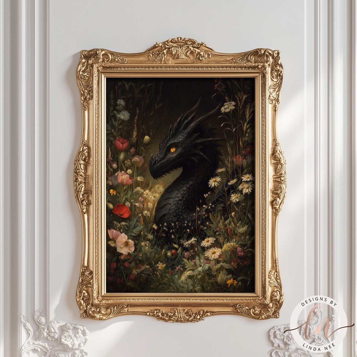 a large, ornate gold frame containing a painting of a black dragon surrounded by a lush, colorful garden.
