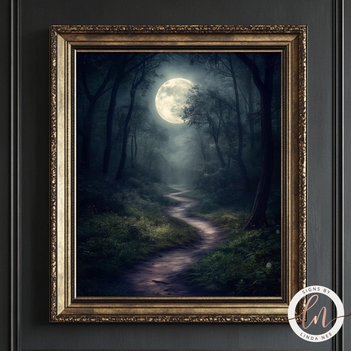Winding forest path lit by a full moon through dense trees
