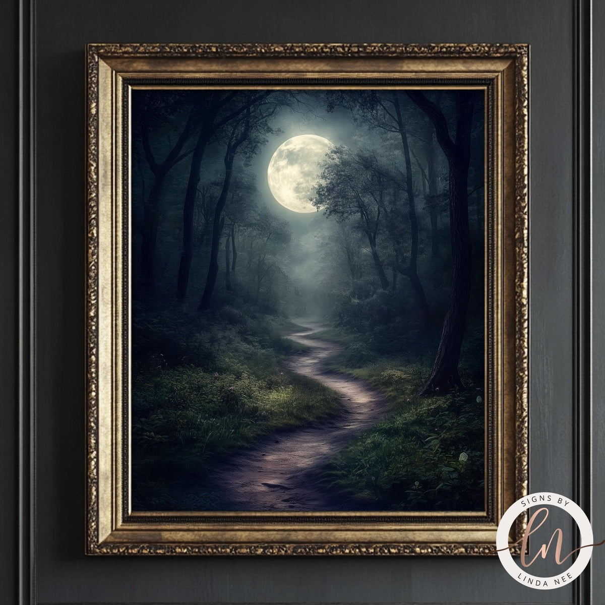 A framed image depicting a winding path leading through a dense, dark forest with a full moon illuminating the scene.