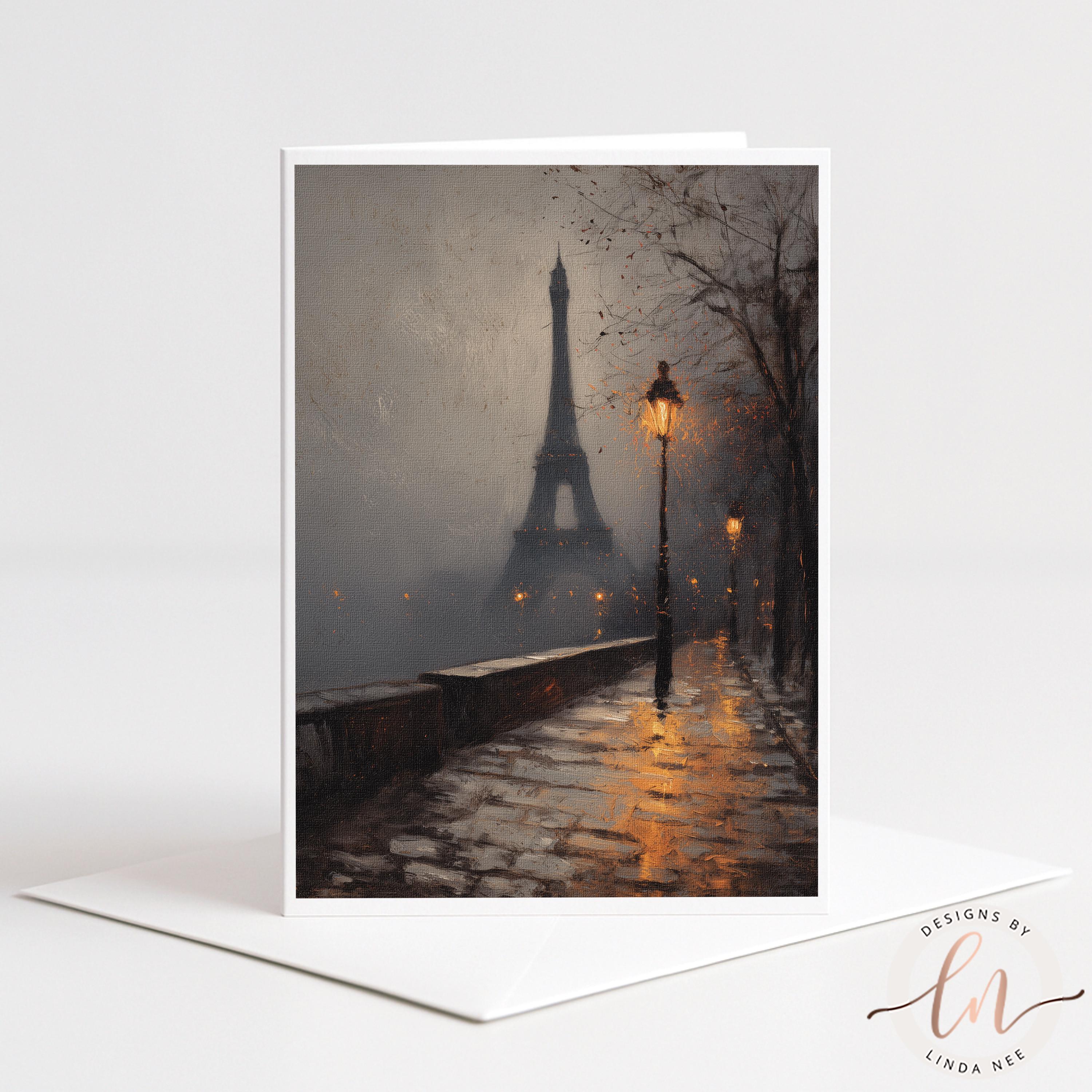 a rainy night scene with the Eiffel Tower in the background, illuminated by street lamps and creating a romantic atmosphere.