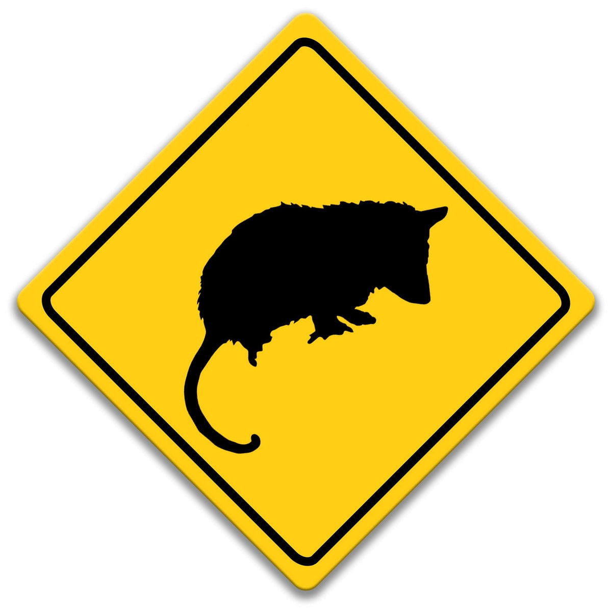 a yellow diamond-shaped sign with a black silhouette of an opossum in the center.