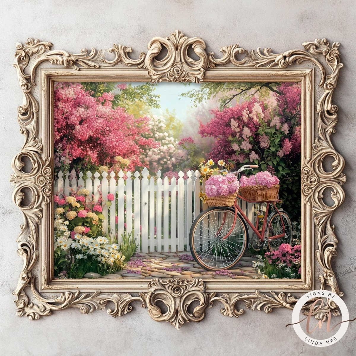 A white picket fence with a bicycle parked in front of it, surrounded by a colorful garden with pink and white flowers.