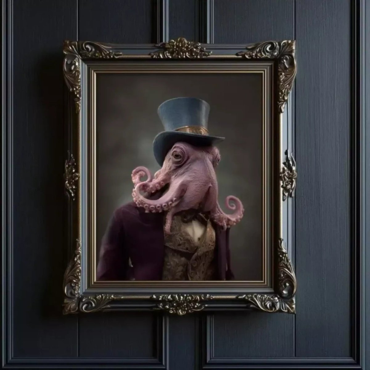 Octopus wearing a top hat and purple suit against a dark background