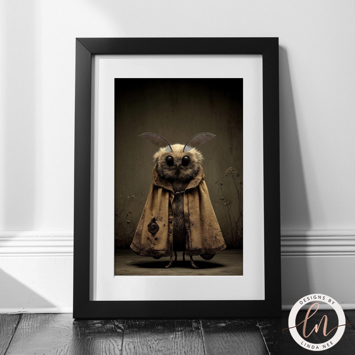 The image is a framed artwork depicting a moth with a brown robe and large wings, standing against a dark background.