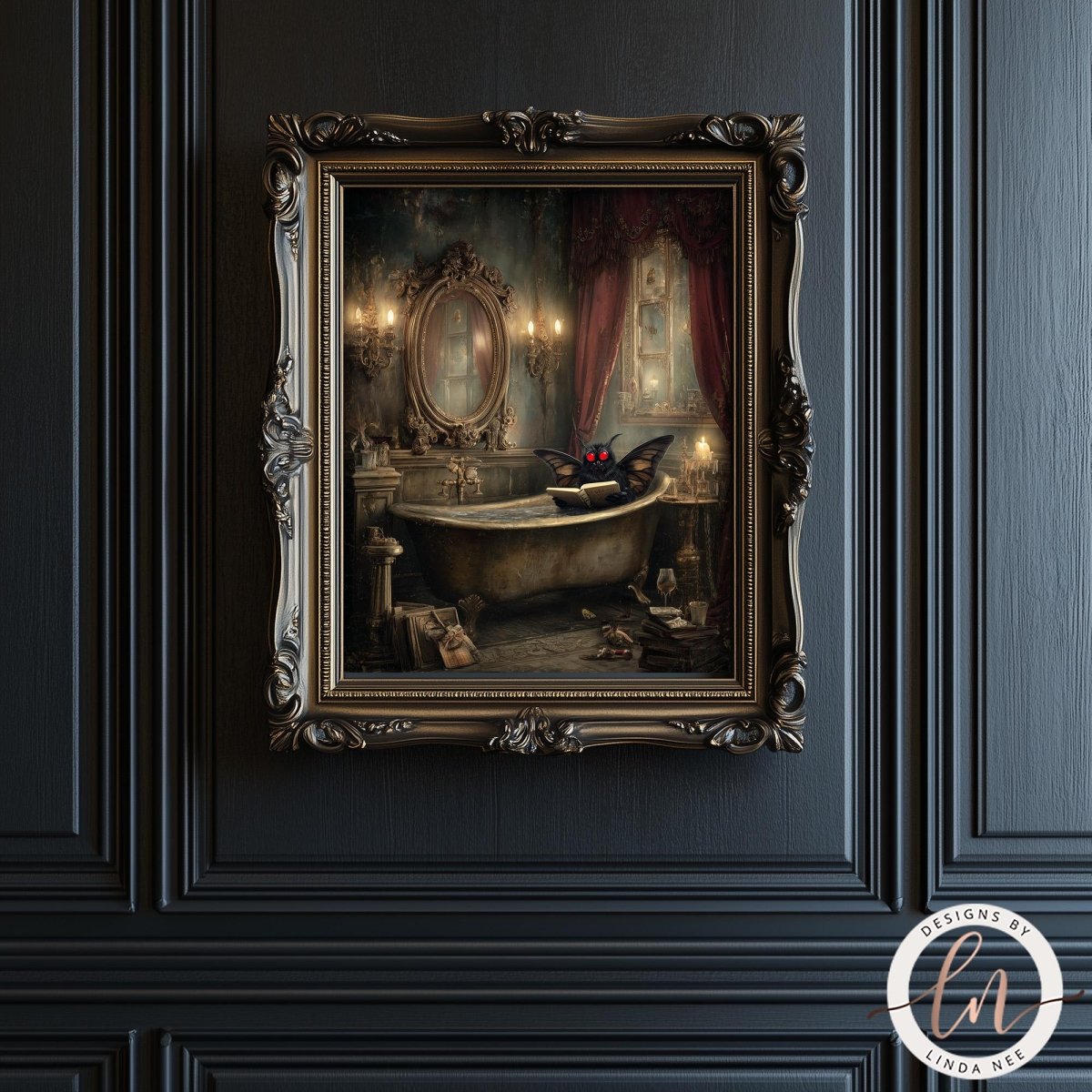 The image is a framed painting depicting a luxurious bathroom scene with a large bathtub, a mirror, and a chandelier.