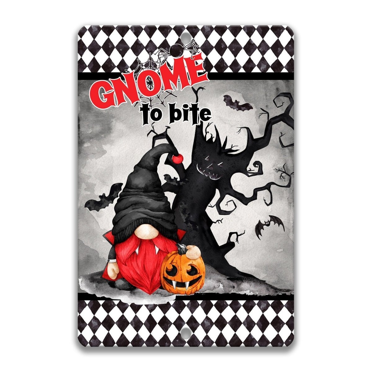 a gnome and a pumpkin, with a spooky tree and bats in the background, all set against a black and white checkered pattern.